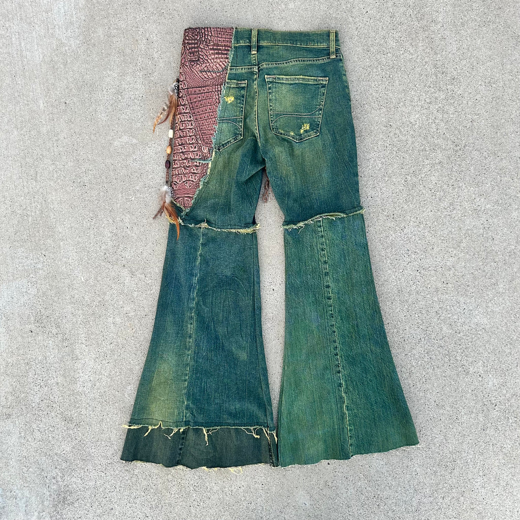 Green crocodile flares 28x30.5