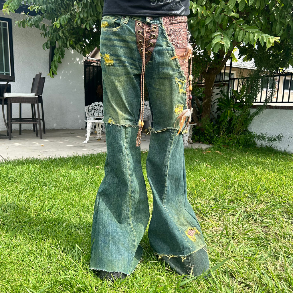 Green crocodile flares 28x30.5