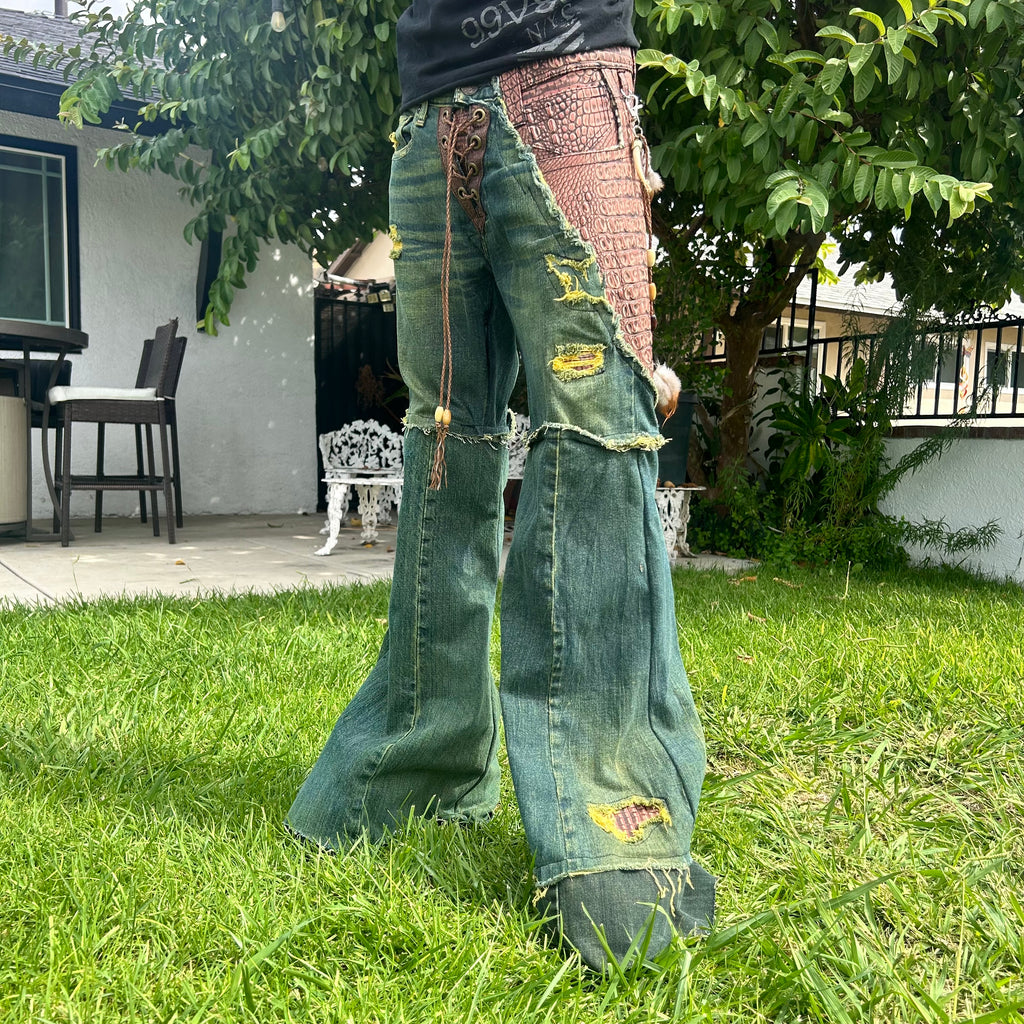 Green crocodile flares 28x30.5