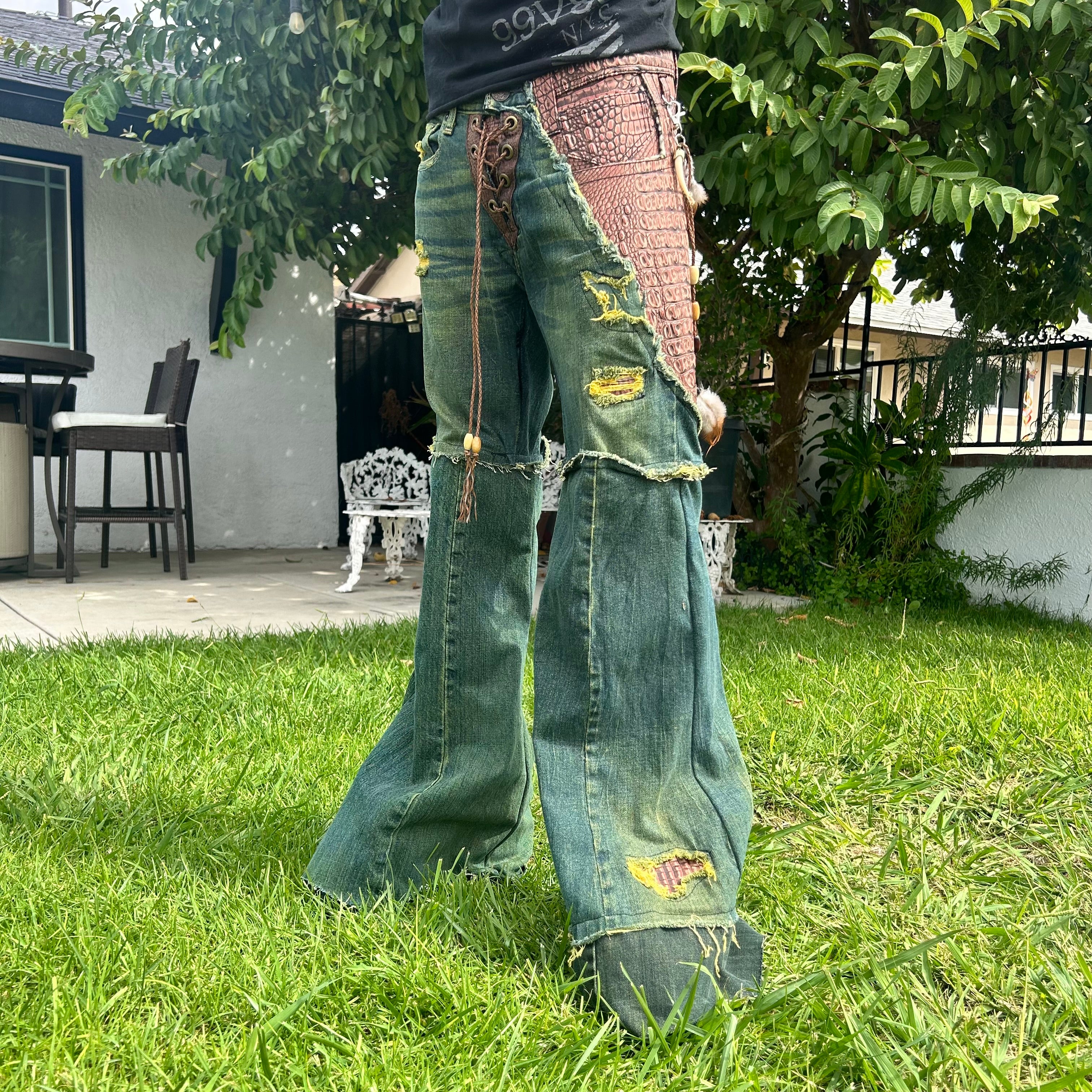 Green crocodile flares 28x30.5