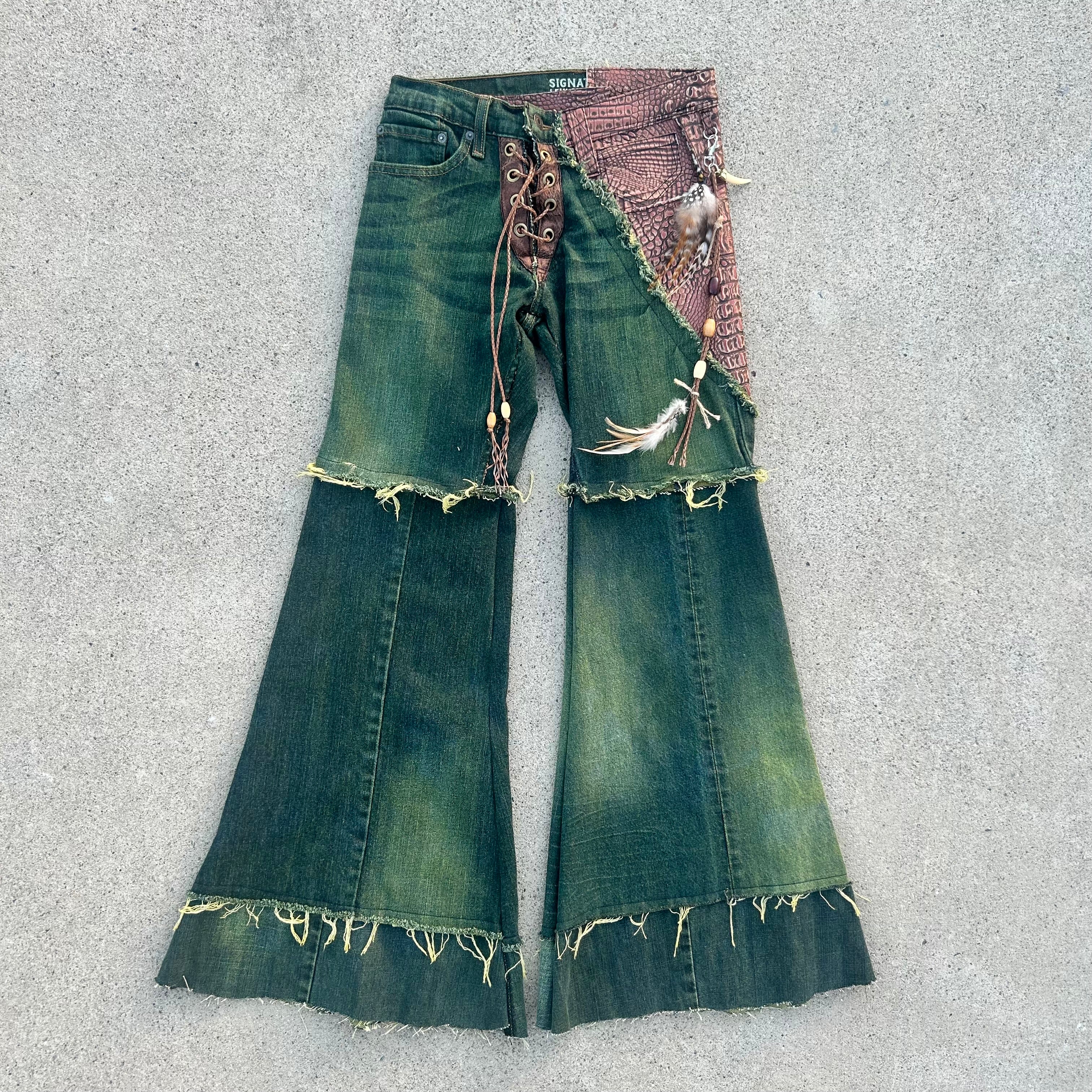 Green crocodile flares waist 28x30.5