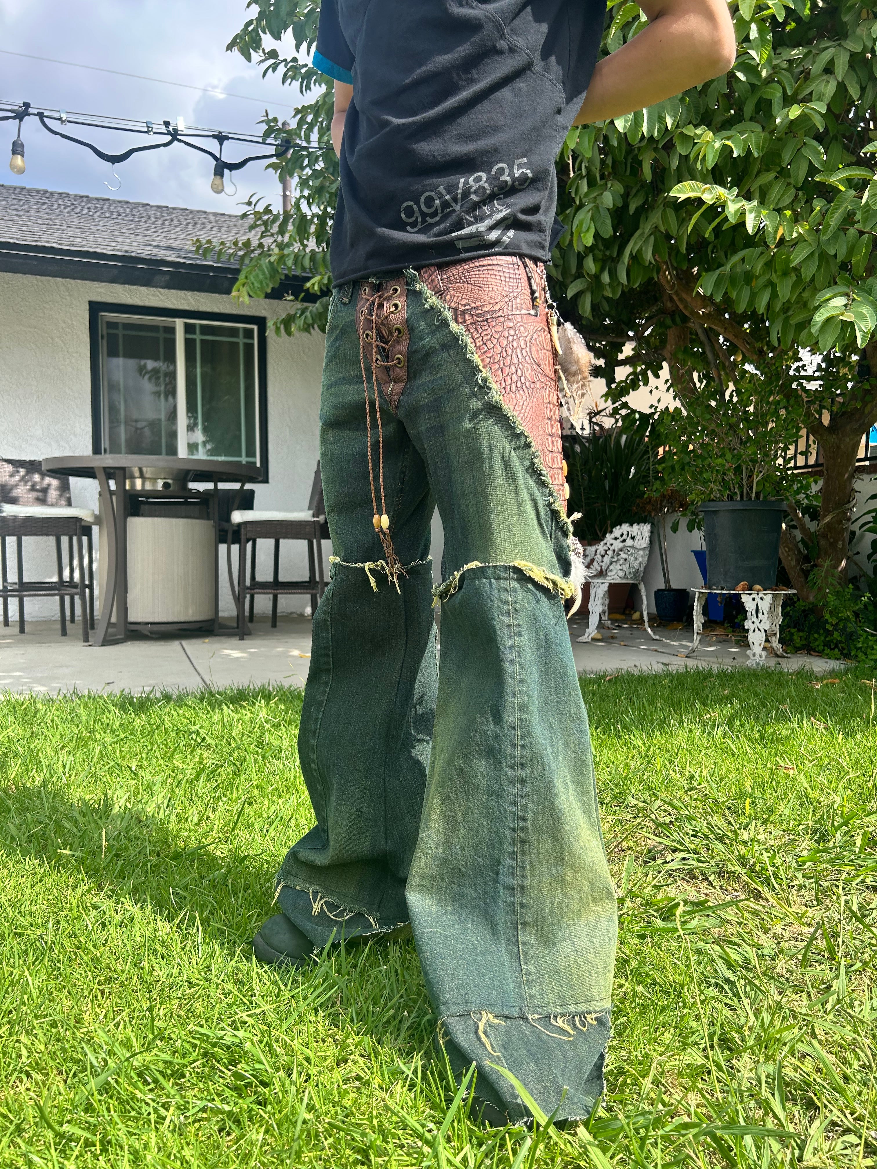 Green crocodile flares waist 28x30.5