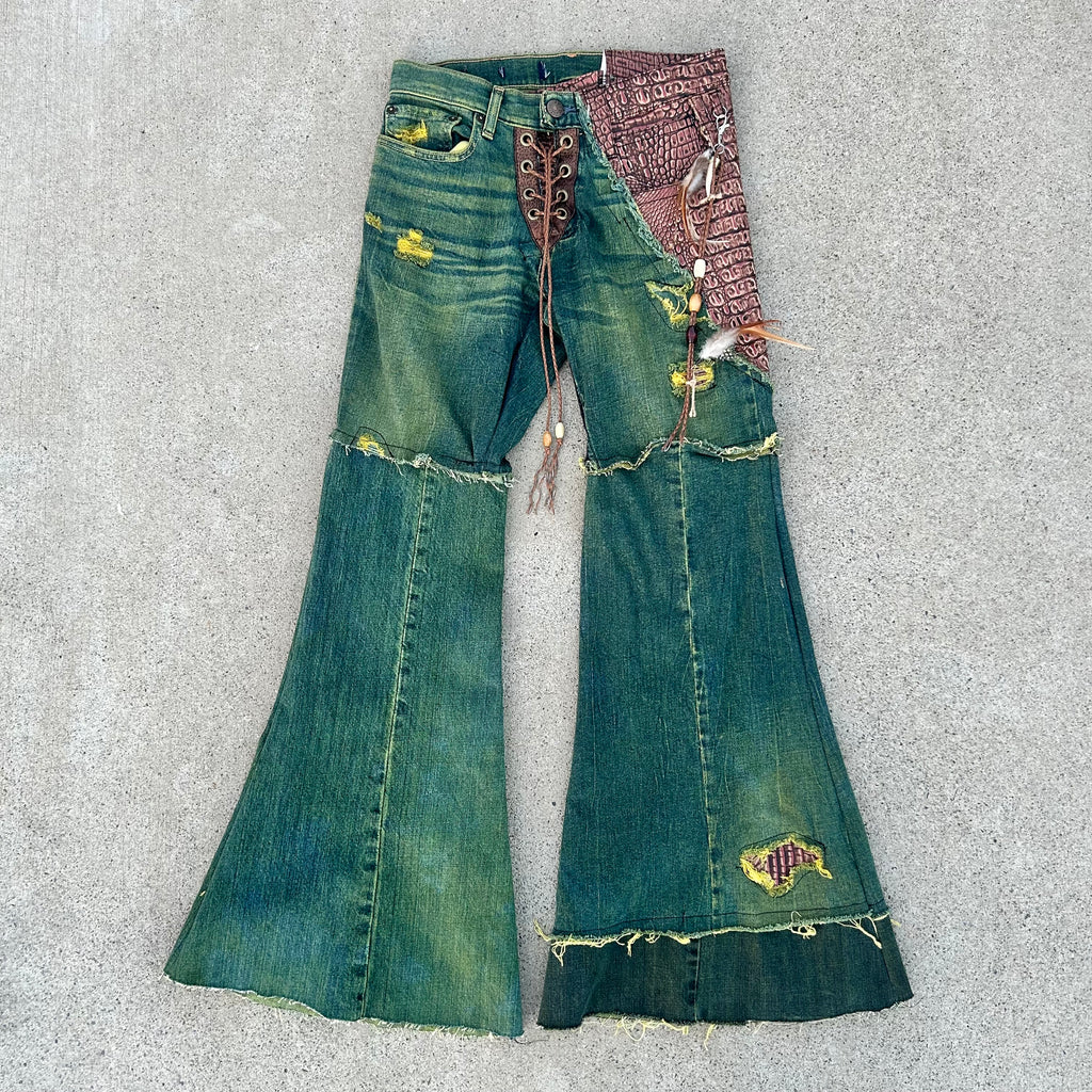 Green crocodile flares 28x30.5